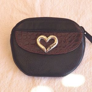 Brighton leather zippered coin holder purse. Black leather with brown